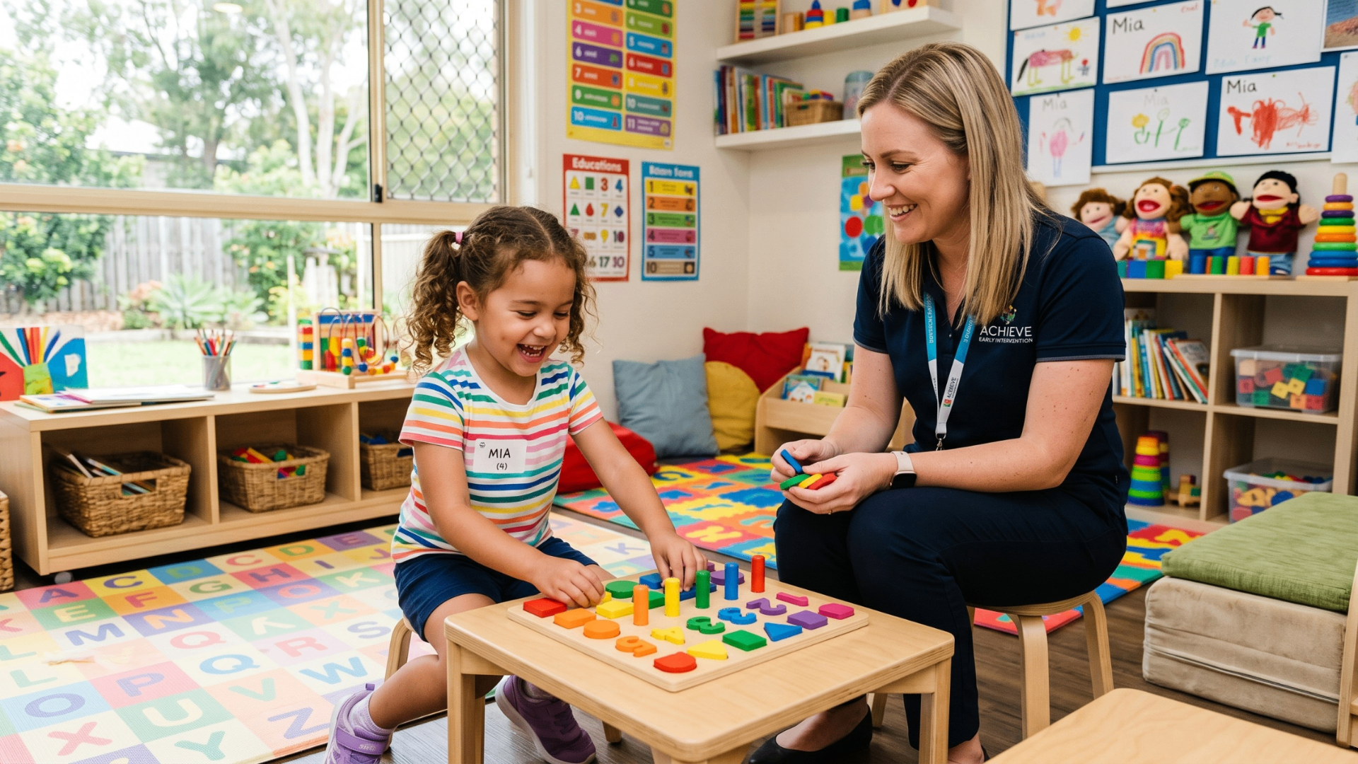 Transform Life early intervention therapist engaging with a smiling young child during a play-based learning session