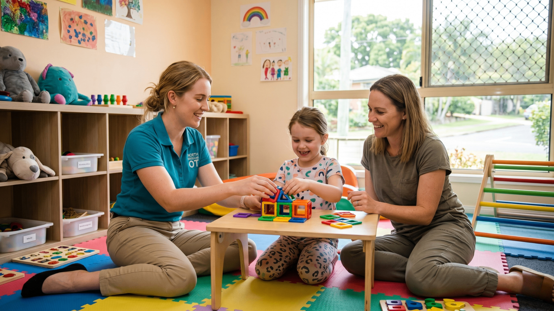 Transform Life occupational therapist and parent supporting a young child with a hands-on building activity