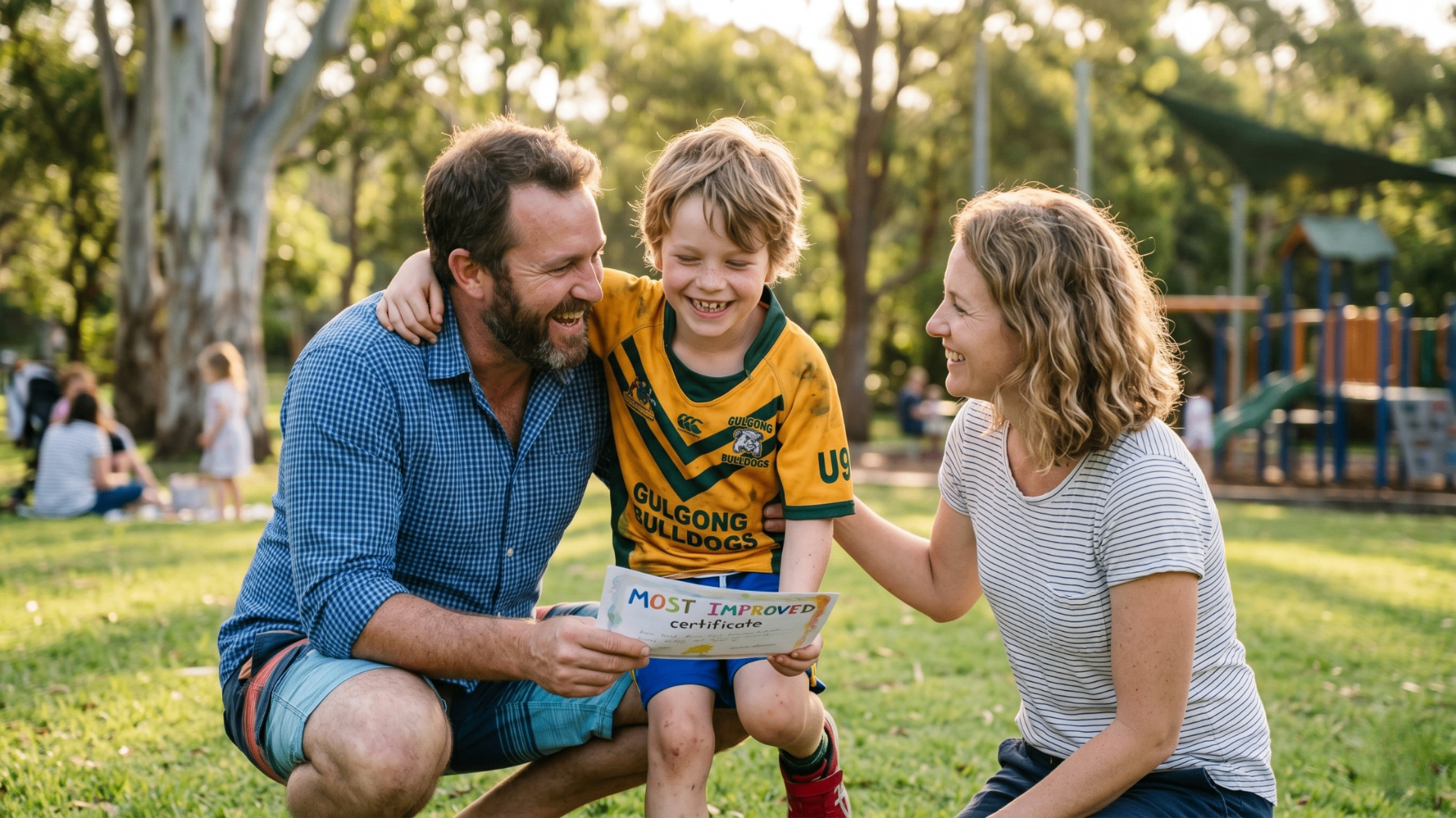 Transform Life — smiling family celebrating a child's most-improved certificate together at a sunny park