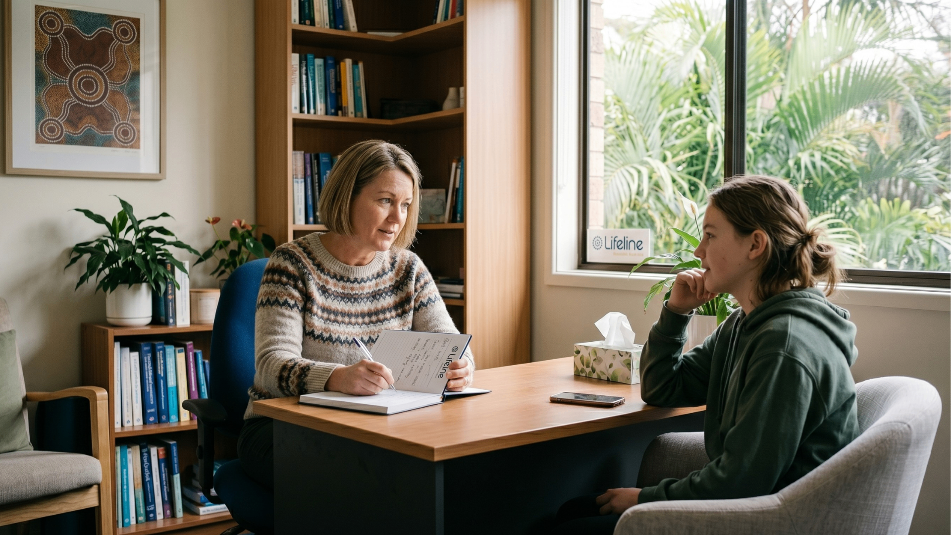 Transform Life psychologist taking notes while speaking with a young client during an assessment session