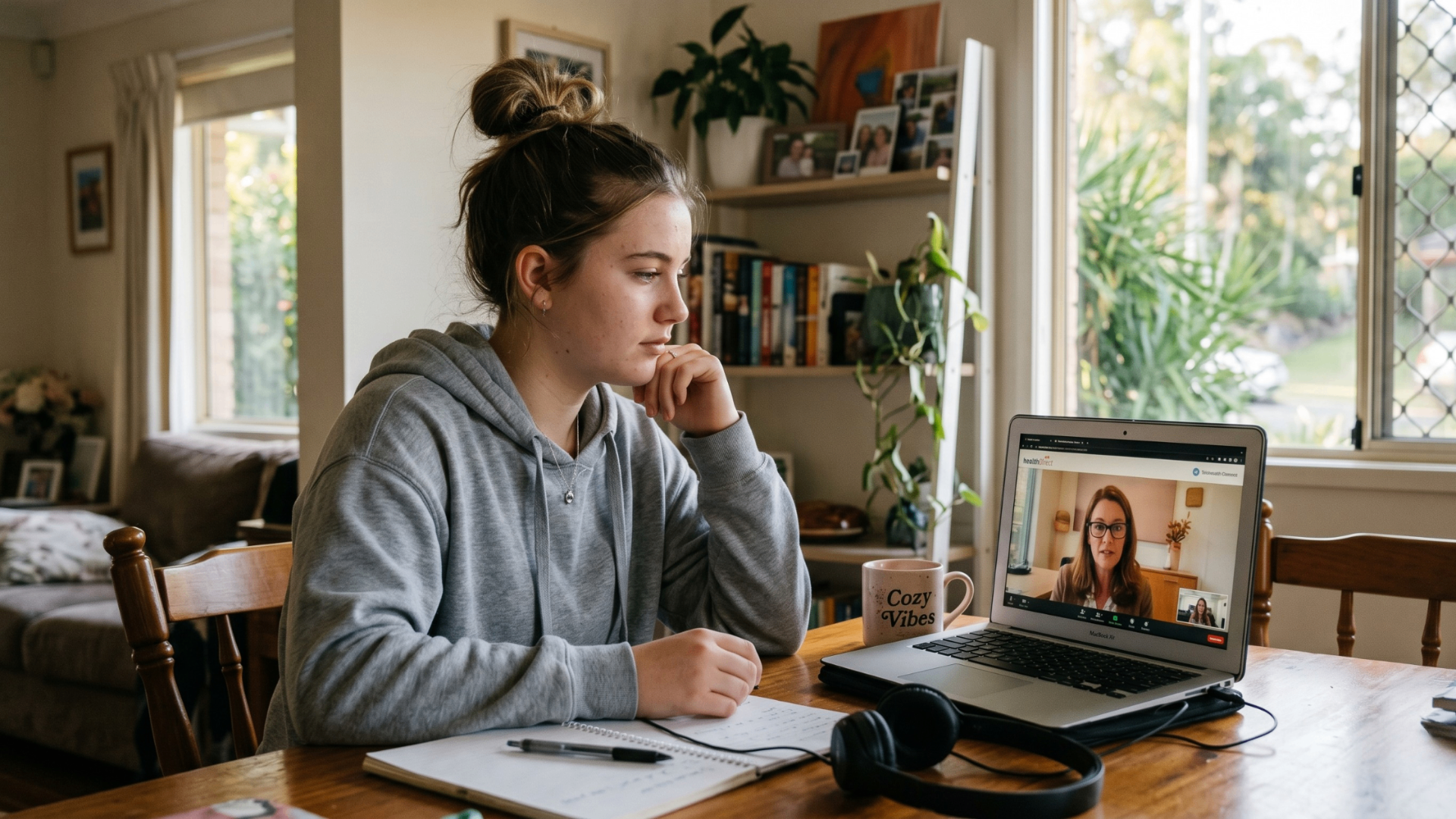 Transform Life client, a young woman, attending a telehealth psychology counselling session from her home