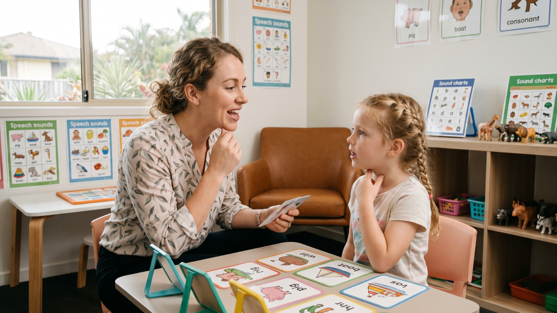 Transform Life speech therapist using picture cards to help a young girl practise speech sounds